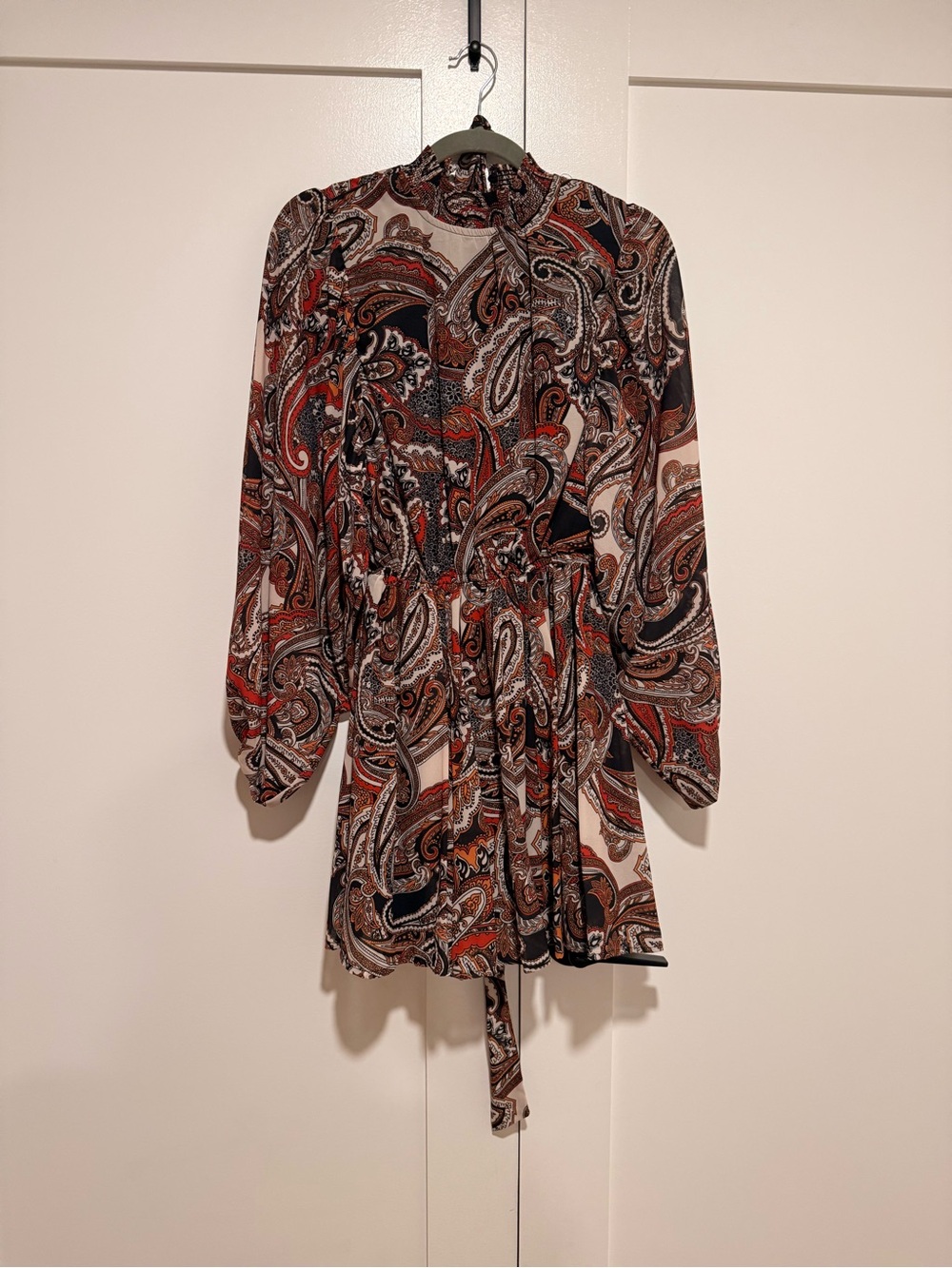 Vici Paisley Print Long-Sleeve Mini Dress in Brown and Black